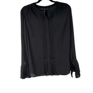 WHBM Black Sheer Pleated Cuff &‎ Center  Detail Button Up Blouse